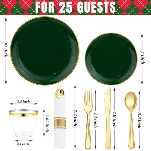 175PCS Green Plastic Plates with Gold Rim - Heavy Duty Disposable Party Dinnerware