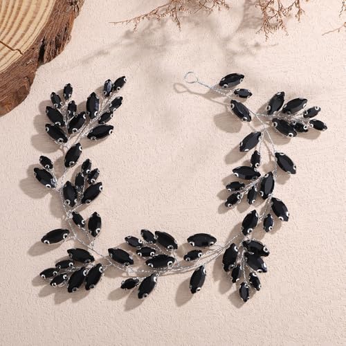 Missgrace Black Rhinestone Bridal Hair Vine Headband for Wedding