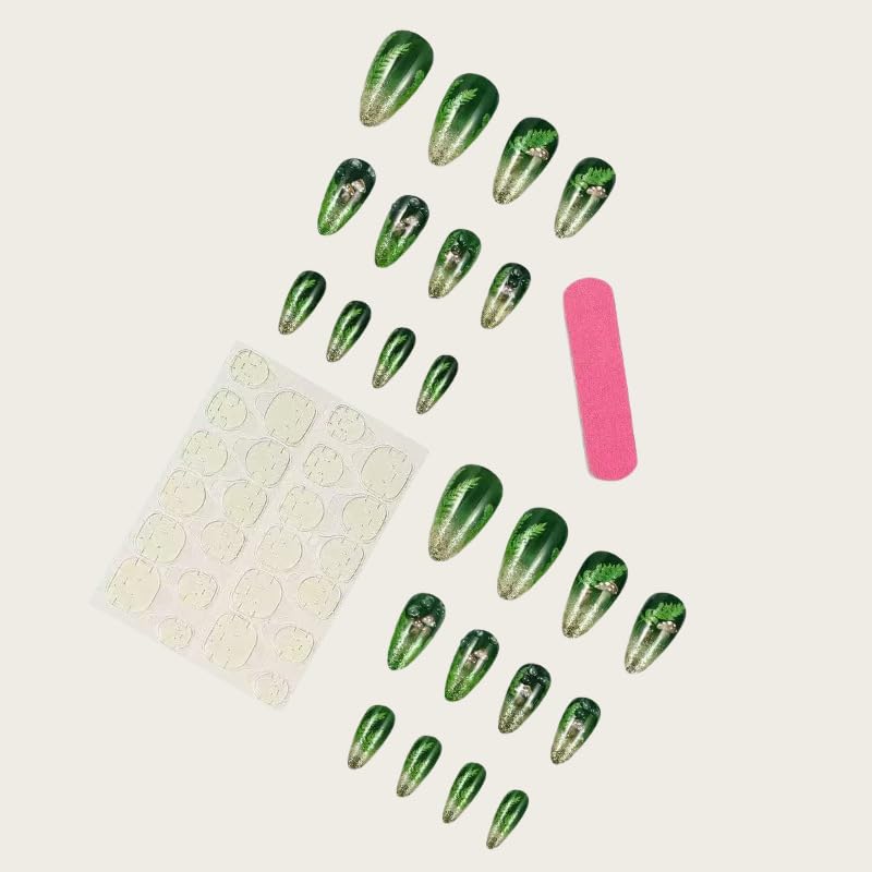 Green Glitter Mushroom Press on Nails Medium Almond Fake Nails 24pcs