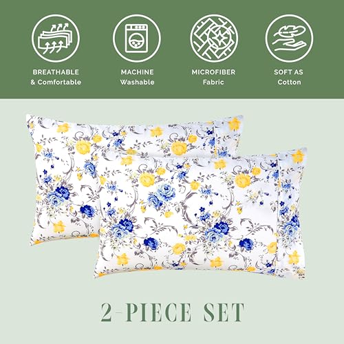 Elegant Comfort Set of 2 Floral Print Pillowcases - Soft Microfiber Standard/Queen