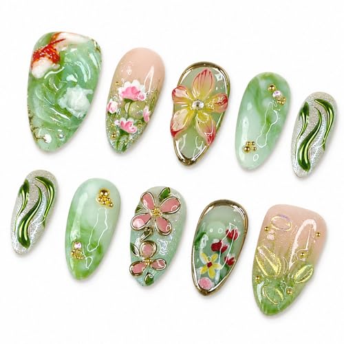 Green Press on Nails Medium Almond 3D Koi Fish Flower Fake Nails