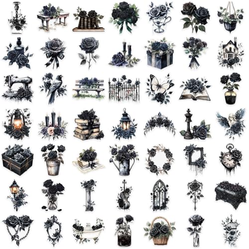 50 Black Rose Stickers - Waterproof Decals for Scrapbooking & Crafts