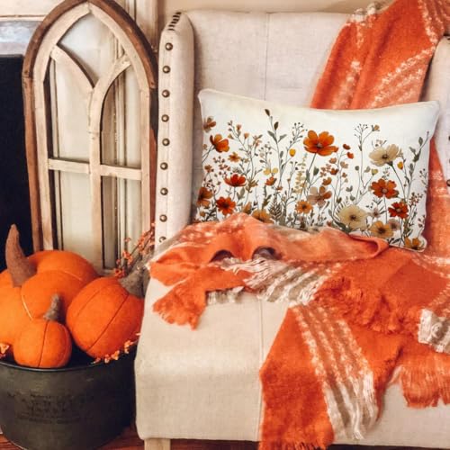 RABUSOFA Rust Floral Fall Throw Pillow Cover, 12x20 Inch Farmhouse Decor