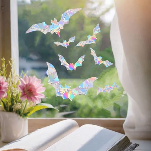 45PCS Halloween Bat Anti-Collision Window Decals, Rainbow Vinyl Bird Deterrent