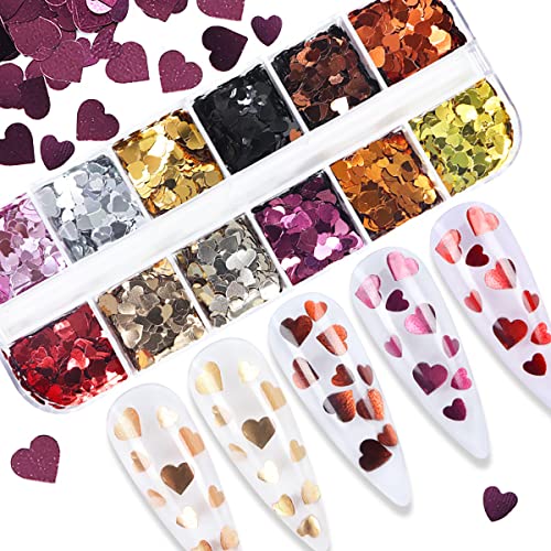 Holographic Heart Nail Art Glitter Sequins 12 Grids Valentine Decals