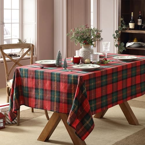 Christmas Dancer Plaid Tablecloth 60 x 120 Inches Red Green Gold Holiday Decor