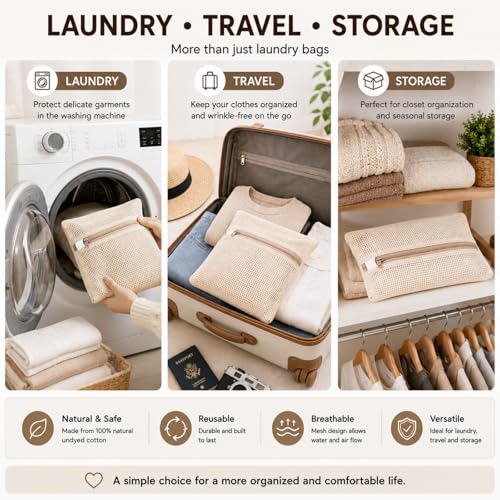 Natural Cotton Mesh Laundry Bags Set of 4 - XXL, XL, L, M with Rust-Proof Zippers
