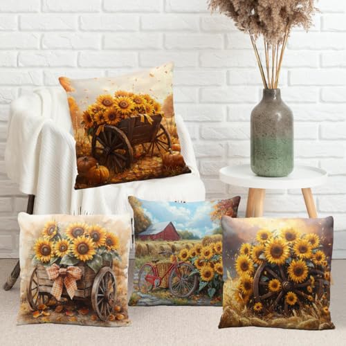 Sunflower Throw Pillow Covers 18x18 (Set of 4) - Double-Sided Design