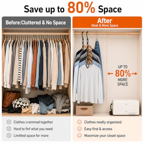 NEDLEDK 6-Pack Space Saving Hangers, 5-Hole Closet Organizer with S-Hooks