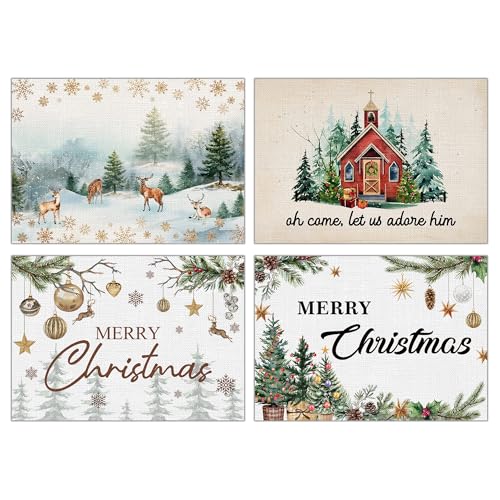 Christmas Placemats Set of 4 - Farmhouse Jesus Elk Bell Holiday Table Decor - Bible Variation