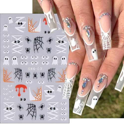 5D Embossed Halloween Nail Stickers, Ghost Spider Web Pumpkin Nail Decals