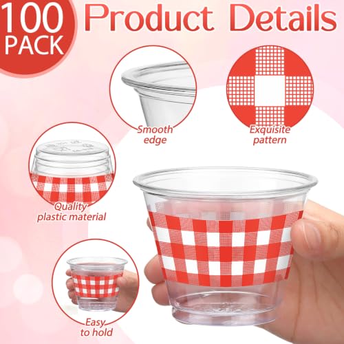 Red Gingham Plastic Cups Bulk 9 oz for Party Decorations - 100 Pack