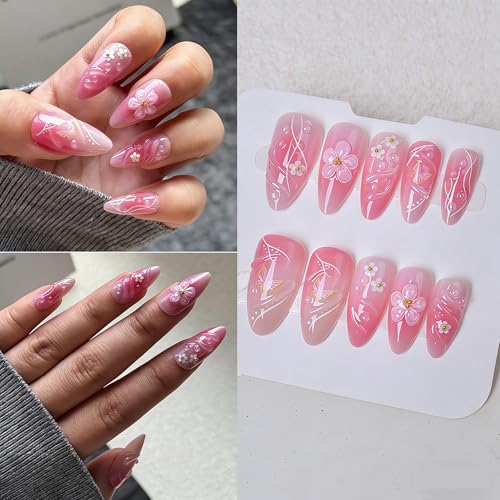 TEEKME Almond Press on Nails Pink Butterfly & Floral 3D Gold Details TK-031