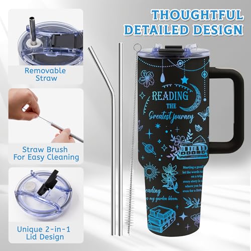 Read-Black 40oz Book Lover Tumbler with Handle & Straw — Gift for Women