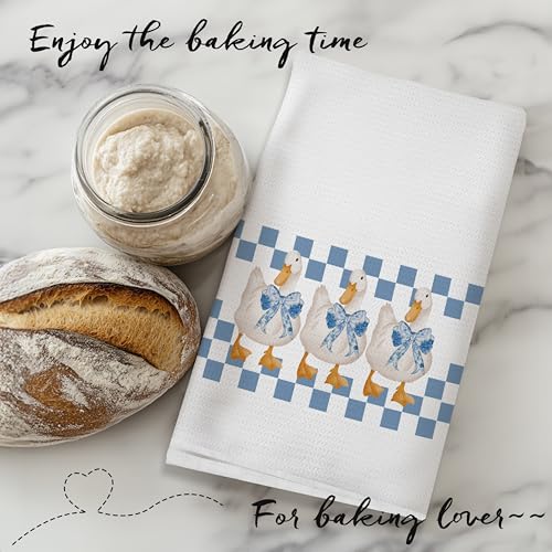 Silly Goose Kitchen Towel - Blue Bow Preppy Retro Checkered Hand Towel