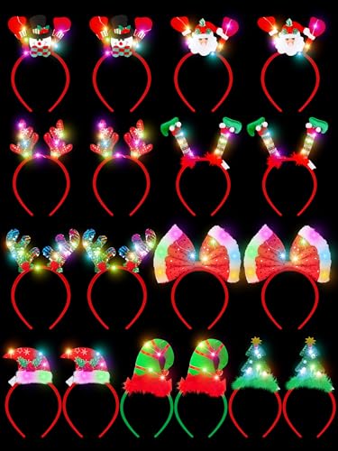 18 Pack Light Up Christmas Headbands - Santa, Tree, Elf Hats for Holiday Parties