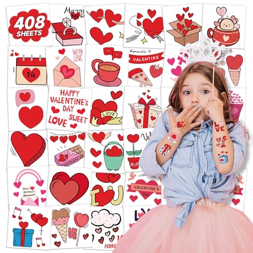 EMOME 408 Individually Wrapped Valentine Temporary Tattoos for Kids Party Favors