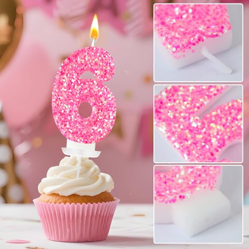 Rose Red Number 6 Birthday Candle – Sparkly Glitter Cake Topper for Girls
