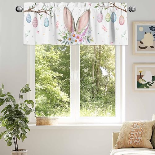 Easter Bunny Window Valance 54x18 Inch Colorful Egg Rabbit Rod Pocket