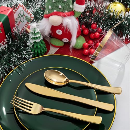 175PCS Green Plastic Plates with Gold Rim - Heavy Duty Disposable Party Dinnerware