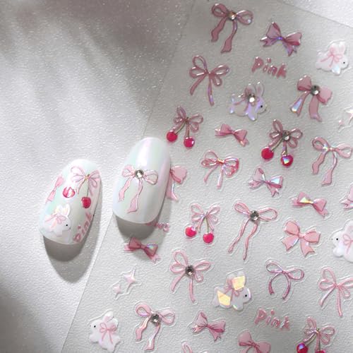 5D Embossed Nail Stickers Self-Adhesive Pink Bow Nail Art Decals