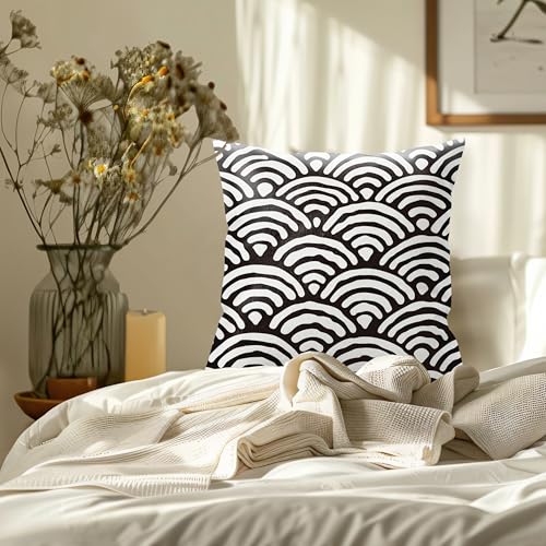 BILLAION Japanese Seigaiha Wave Throw Pillow Cover, 18x18 Black and White-01