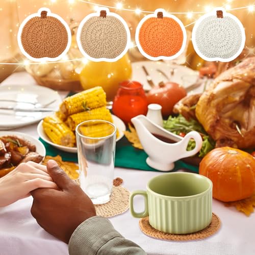 Fall Crochet Pumpkin Coasters Set - 4 Pcs Autumn Drink Protectors in Orange, Brown, Terracotta, Beige