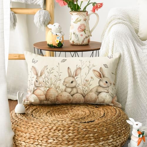 Easter Bunny Flowers Throw Pillow Cover 12x20 Inch - Durable Polyester
