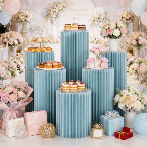 Blue Foldable Cylinder Pedestal Stands Set of 5 for Events & Decor