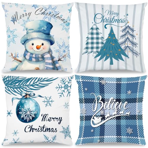 Blue Christmas Pillow Covers Set of 4 - Snowman & Tree Designs