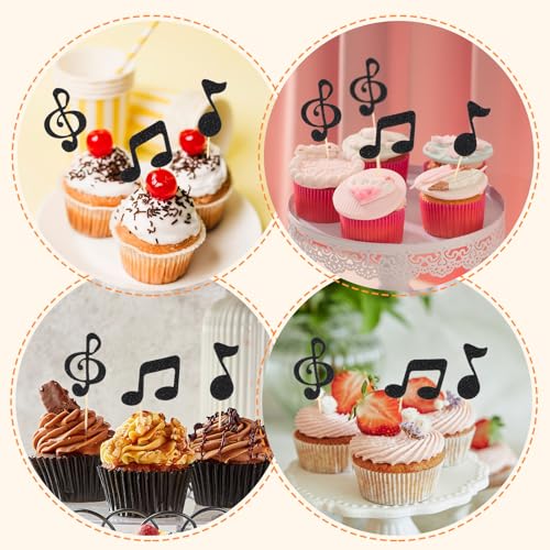 Black Glitter Musical Note Cupcake Toppers 30pcs for Music Parties