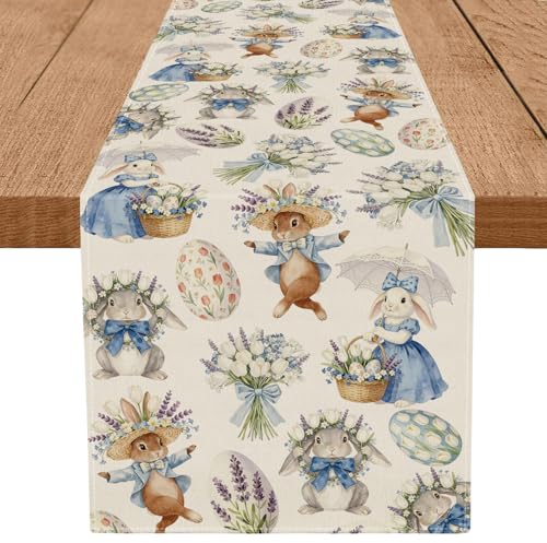 Easter Table Runner 13x72 Inch - Rabbit & Flower Design for Spring Decor
