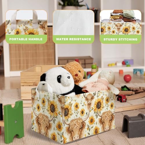 Sunflower Highland Cow Storage Basket - Large Canvas Laundry Hamper