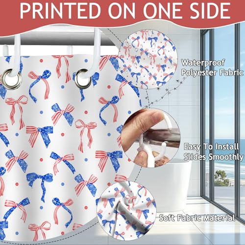 Patriotic Bow Shower Curtain - 4th of July Waterproof Fabric, 72x72