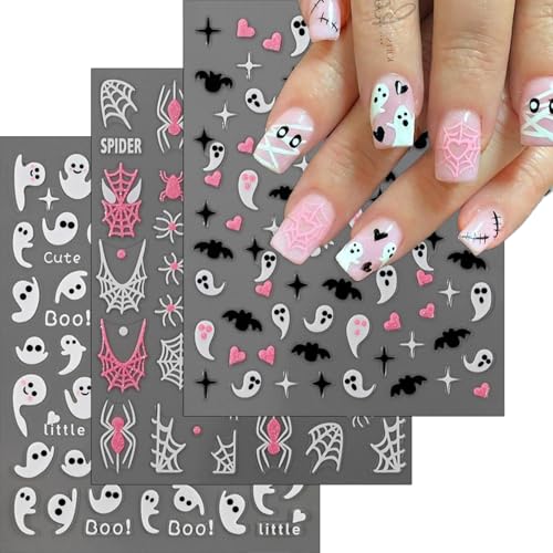 6 Sheets Halloween Nail Stickers Pink Glitter Butterfly Spider Web 3D Decals