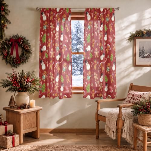 Red Sheer Holiday Curtains 52x63 Inches - Pack of 2 with Gingerbread & Snowman