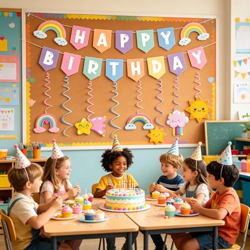 Pastel Rainbow Happy Birthday Banner with Hanging Swirls