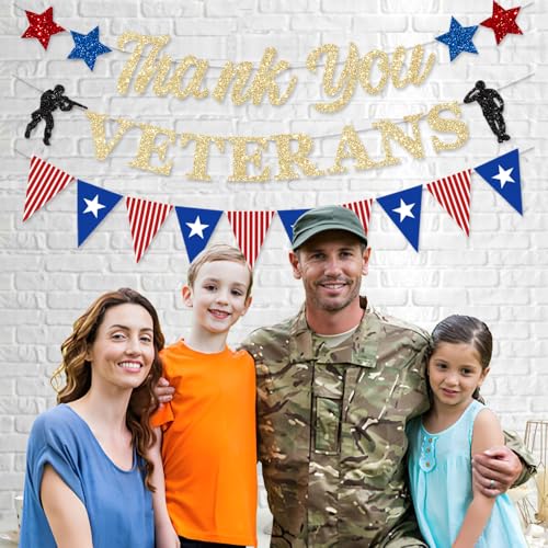 Thank You Veterans Banner Gold Glitter Patriotic Party Decorations
