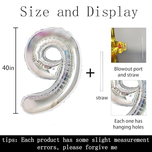 Keyali 40 Inch Number 9 Foil Helium Balloon Silvery Party Decoration