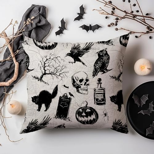 AOFANGGO Halloween Pillow Covers 18x18 Set of 2 Spooky Pumpkin Skull Black Cat Decor