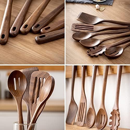 Gudamaye 12-Inch Black Walnut Wooden Cooking Spoons - 6-Piece Long Handle Utensil Set