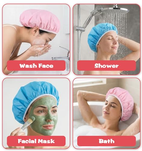 Waterproof Reusable Shower Caps for Women - 2 Pack Large Elastic Hair Cap
