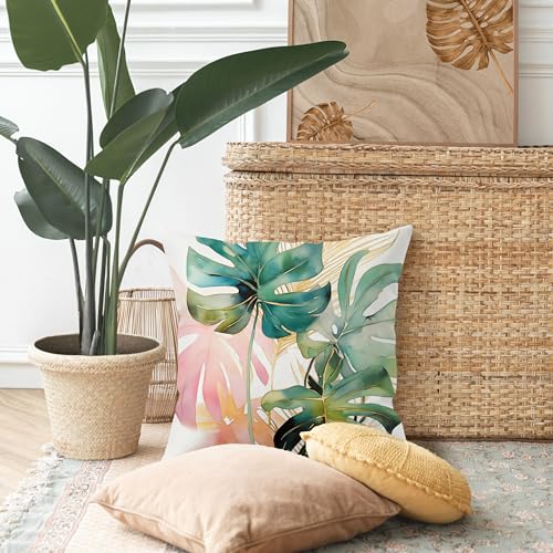 Tropical Monstera Leaf Throw Pillow Cover 18x18 - Boho Plant Design