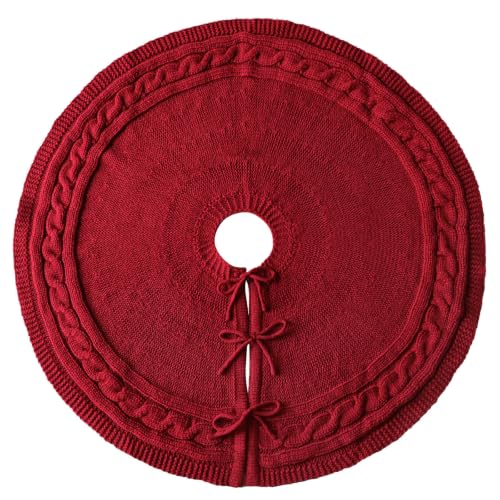 Knit Christmas Tree Skirt - Burgundy Cable Knit Rustic Holiday Decor 36 Inch