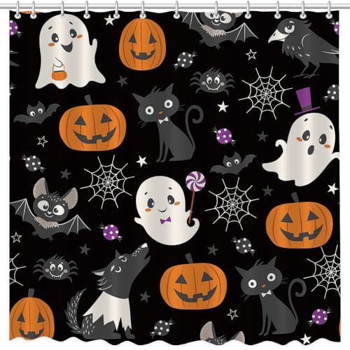 MEHOFOND Black Halloween Shower Curtain - Skull & Bat Design, 72x72 in