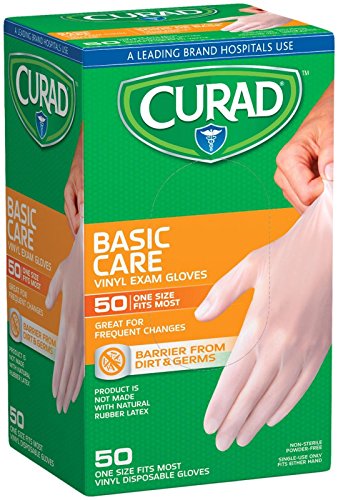 Curad Powder-Free Vinyl Exam Gloves - Disposable Adult Size, 50 Count