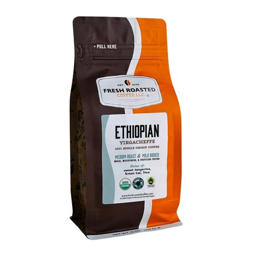 Fresh Roasted Coffee, Organic Ethiopian Yirgacheffe | USDA Organic, Kosher, 3rd Party Tested for Mold, Myco, Pesticides | 12 oz Ground