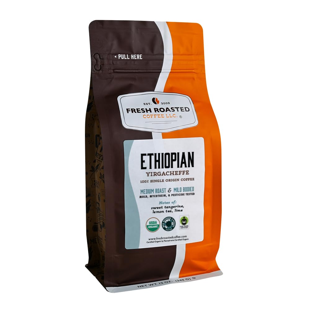Fresh Roasted Coffee, Organic Ethiopian Yirgacheffe Whole Bean Coffee, Light Roast, USDA Organic, 3rd Party Tested for Mold, Mycotoxin & Pesticides, Kosher, 12 oz