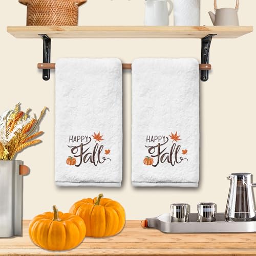 Fall Hand Towels Set of 2 - Pumpkin Embroidered Kitchen & Bath Towels, 14x30 Inches