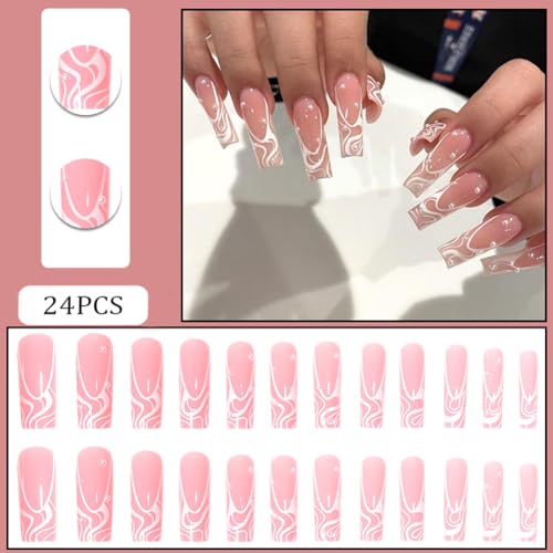Extra Long Square Pink Press on Nails with Pearl and Line Designs 24Pcs